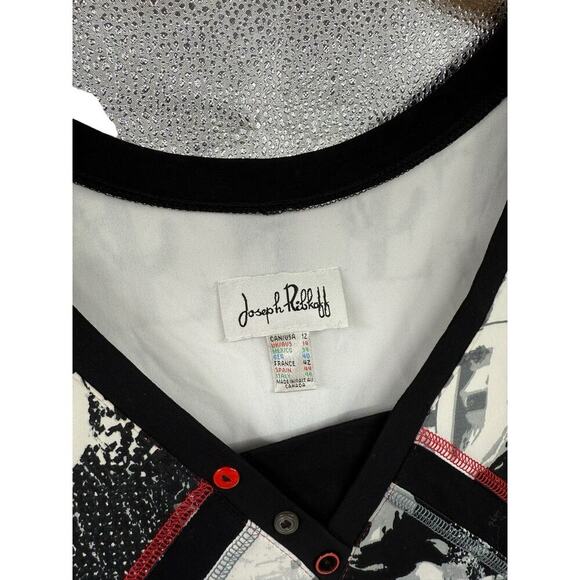 Joseph Ribkoff Graphic Print Dress Black White Handkerchief Hem Stretch Size 12 - Picture 2 of 8